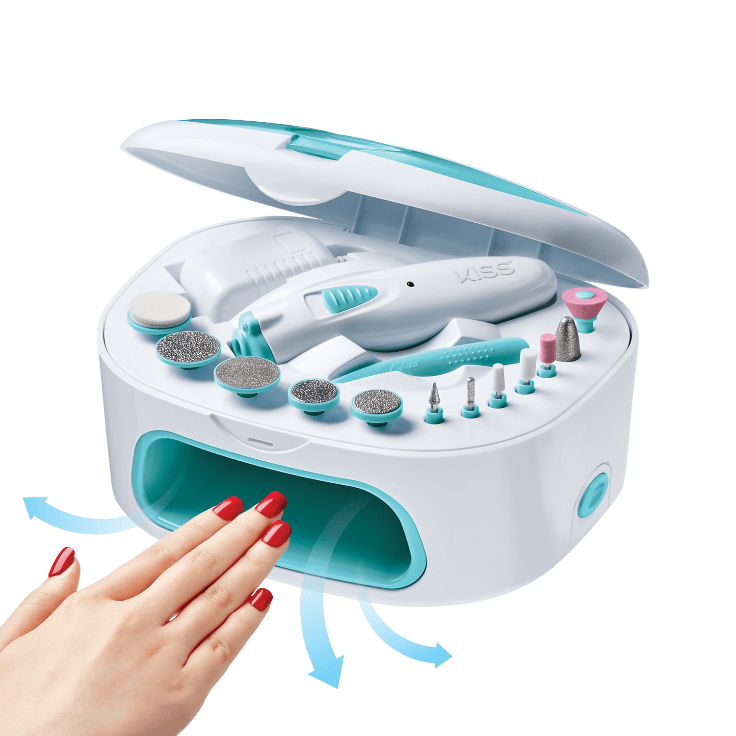 White and turquoise KISS Power File X nail dryer with multiple nail care attachments and a hand with red polished nails under the drying vent, showing airflow.