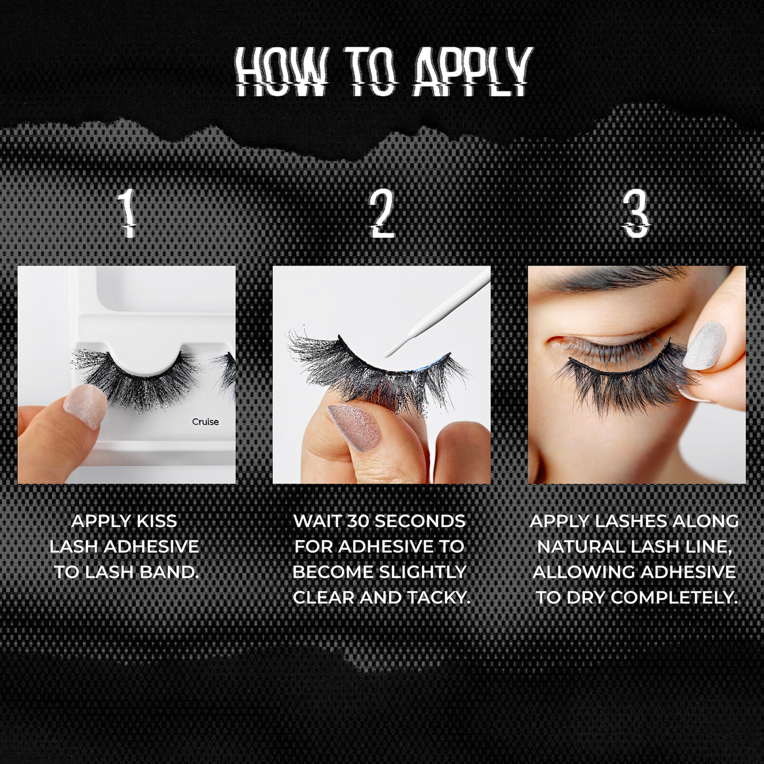 3 images with text describing the 3 simple steps to apply KISS Lash Couture Rebel lashes in &