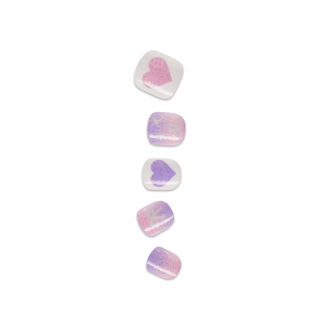 Five pink and purple glitter heart-shaped soap bars arranged vertically.
