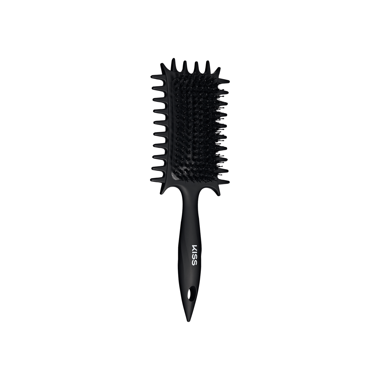 Black vented paddle brush with spiky bristles and ergonomic handle