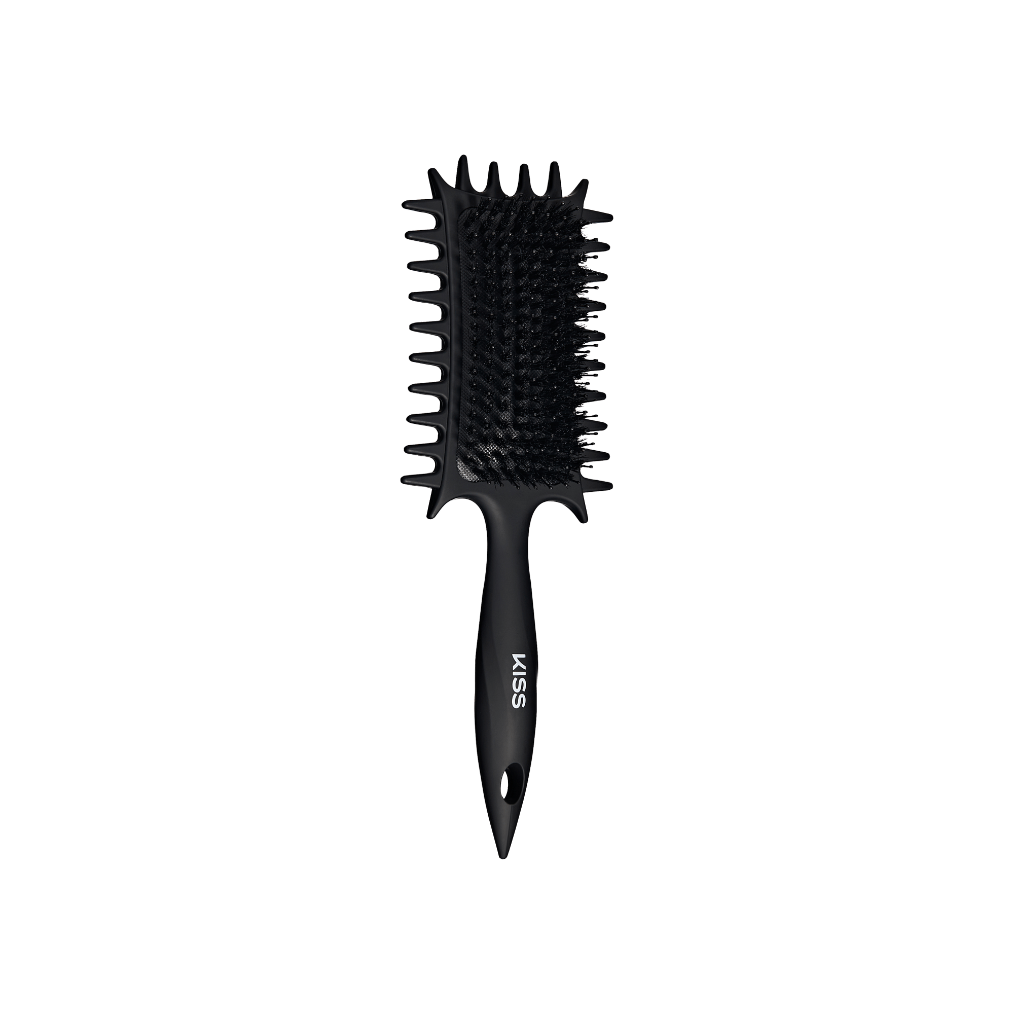 Black vented paddle brush with spiky bristles and ergonomic handle