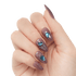 Fingernails with almond-shaped, mauve-colored press-on nails decorated with silver geometric lines and blue gem-like accents.