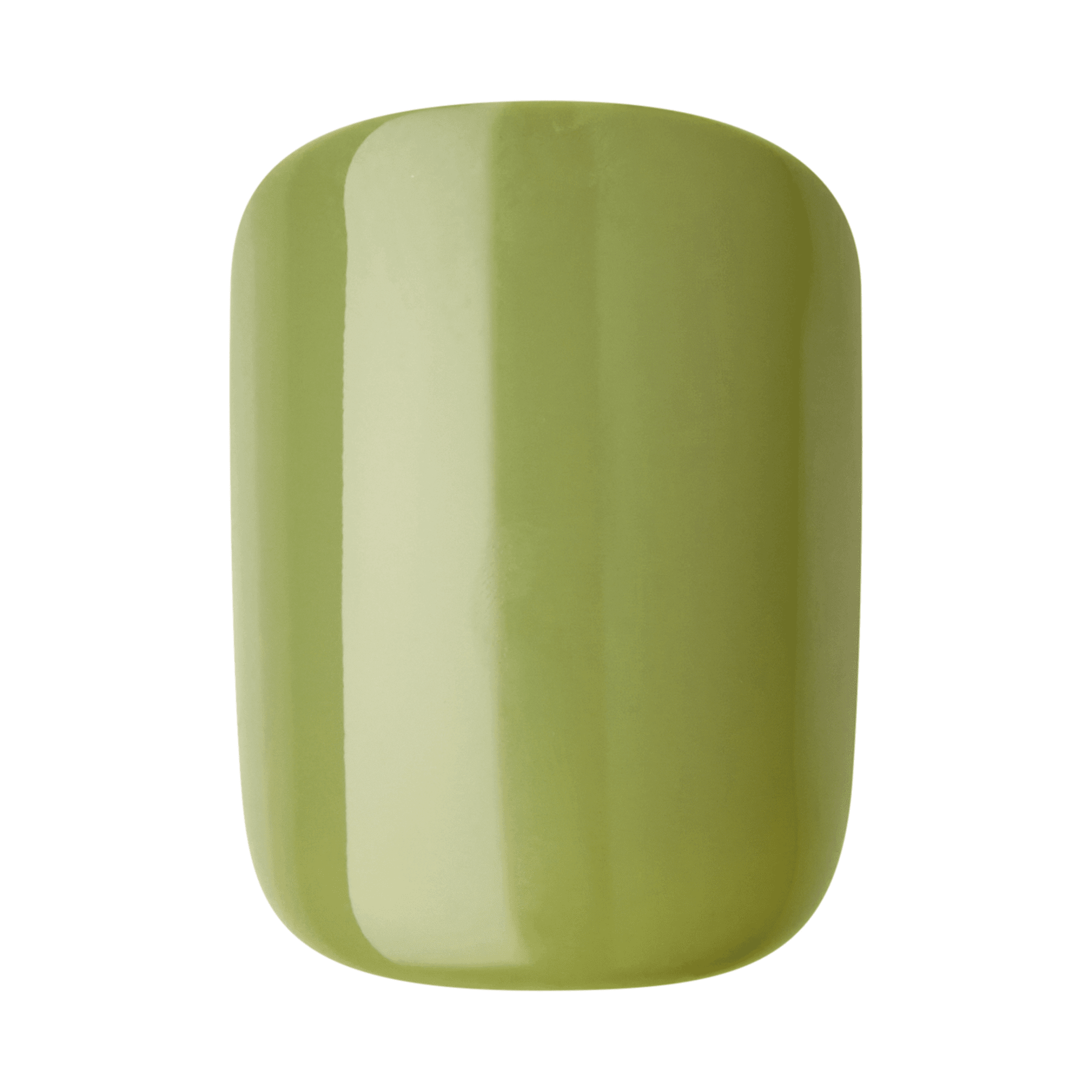 Glossy press-on nail in a smooth, rounded shape with a solid muted olive green color, named \
