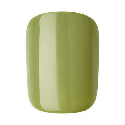 Glossy press-on nail in a smooth, rounded shape with a solid muted olive green color, named \