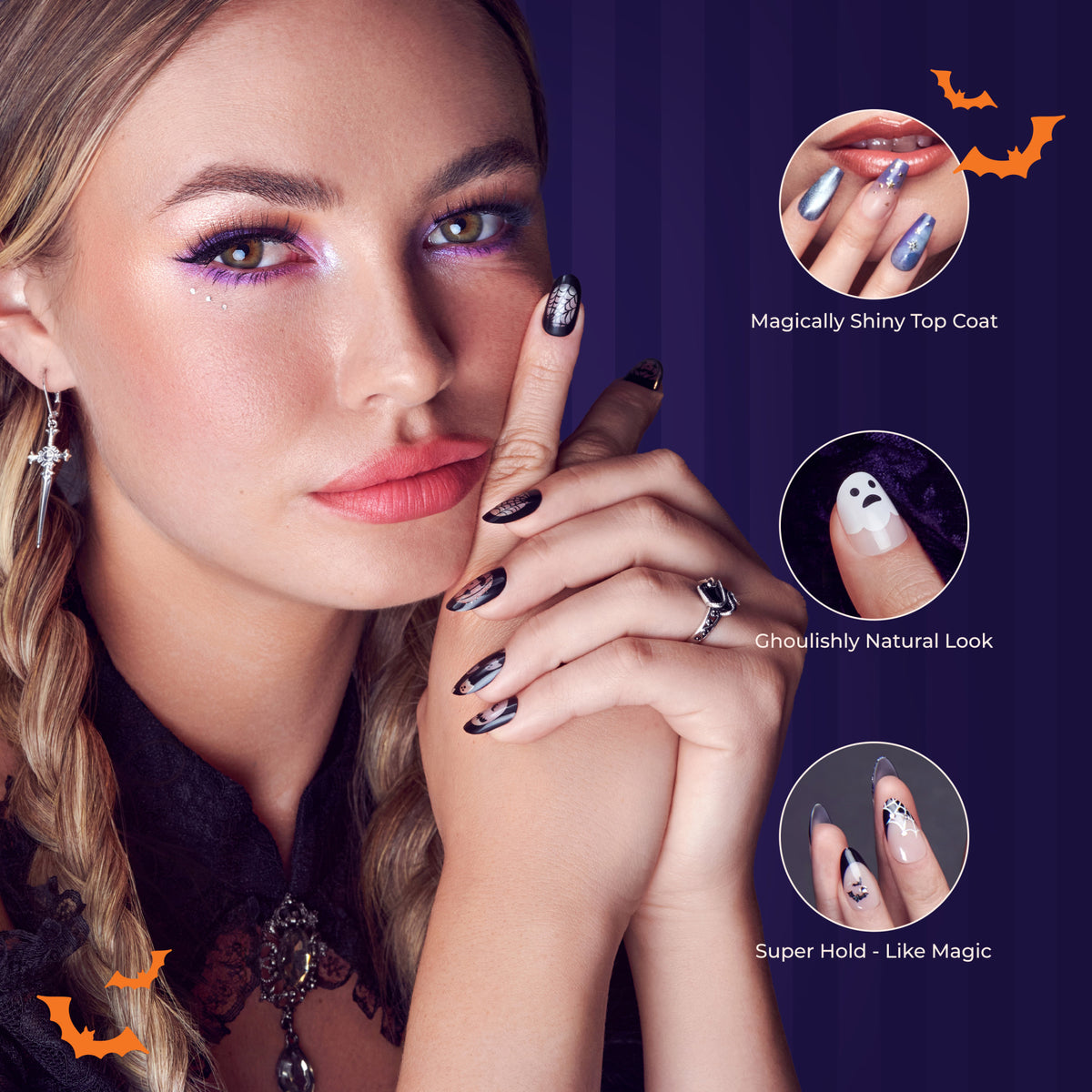 Woman with long blonde hair styled in braids, wearing purple eye makeup and black lace, showing long Halloween-themed nails with spiderweb and ghost designs.