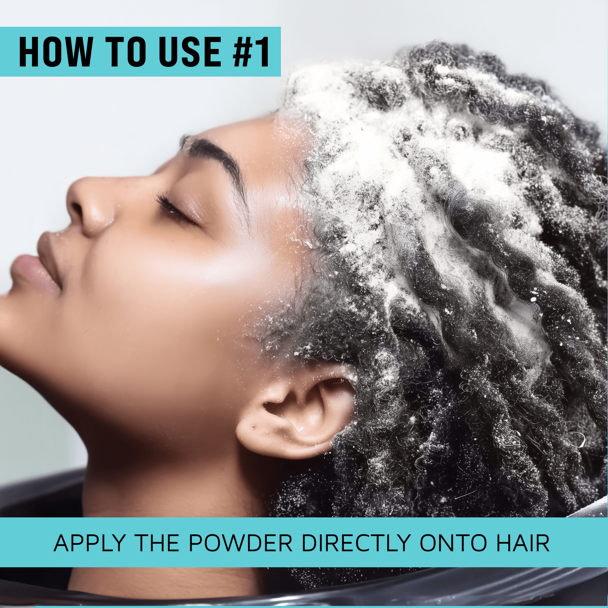 Person applying powder to hair with text on how to use it