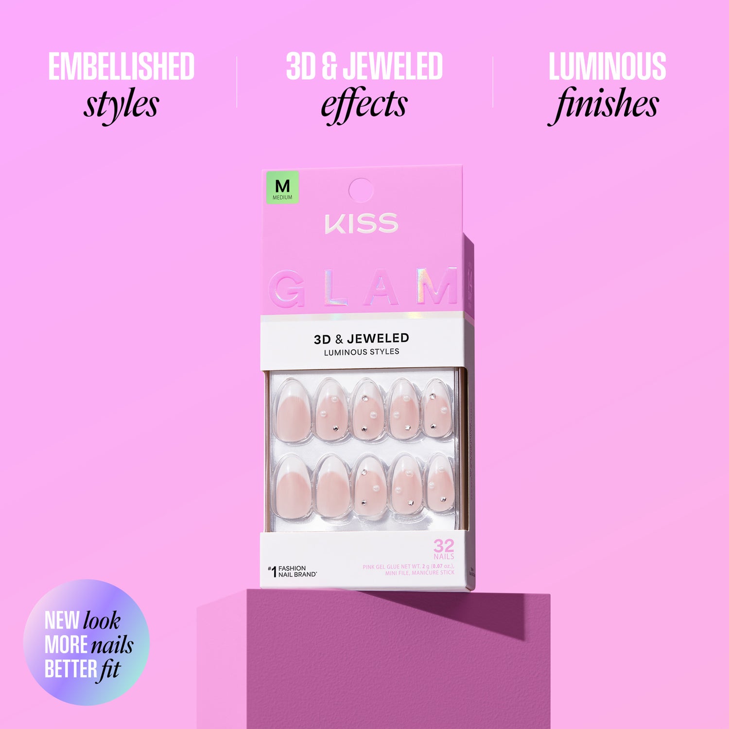 Kiss Glam 3D &amp; Jeweled nail packaging on a pink background with text highlighting features.