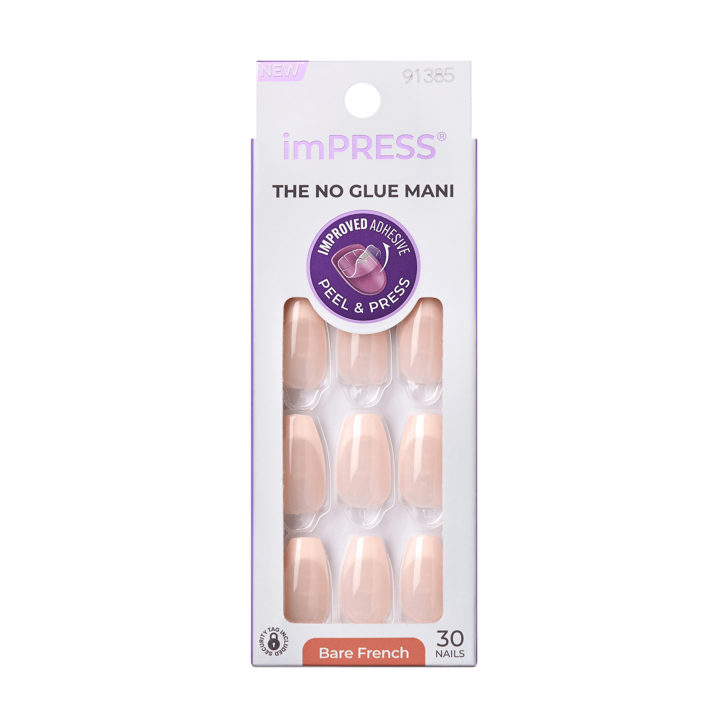 imPRESS Bare French press-on nails in nude shade, 30 nails included, no glue needed, improved adhesive with peel and press application, packaging in white with purple text.