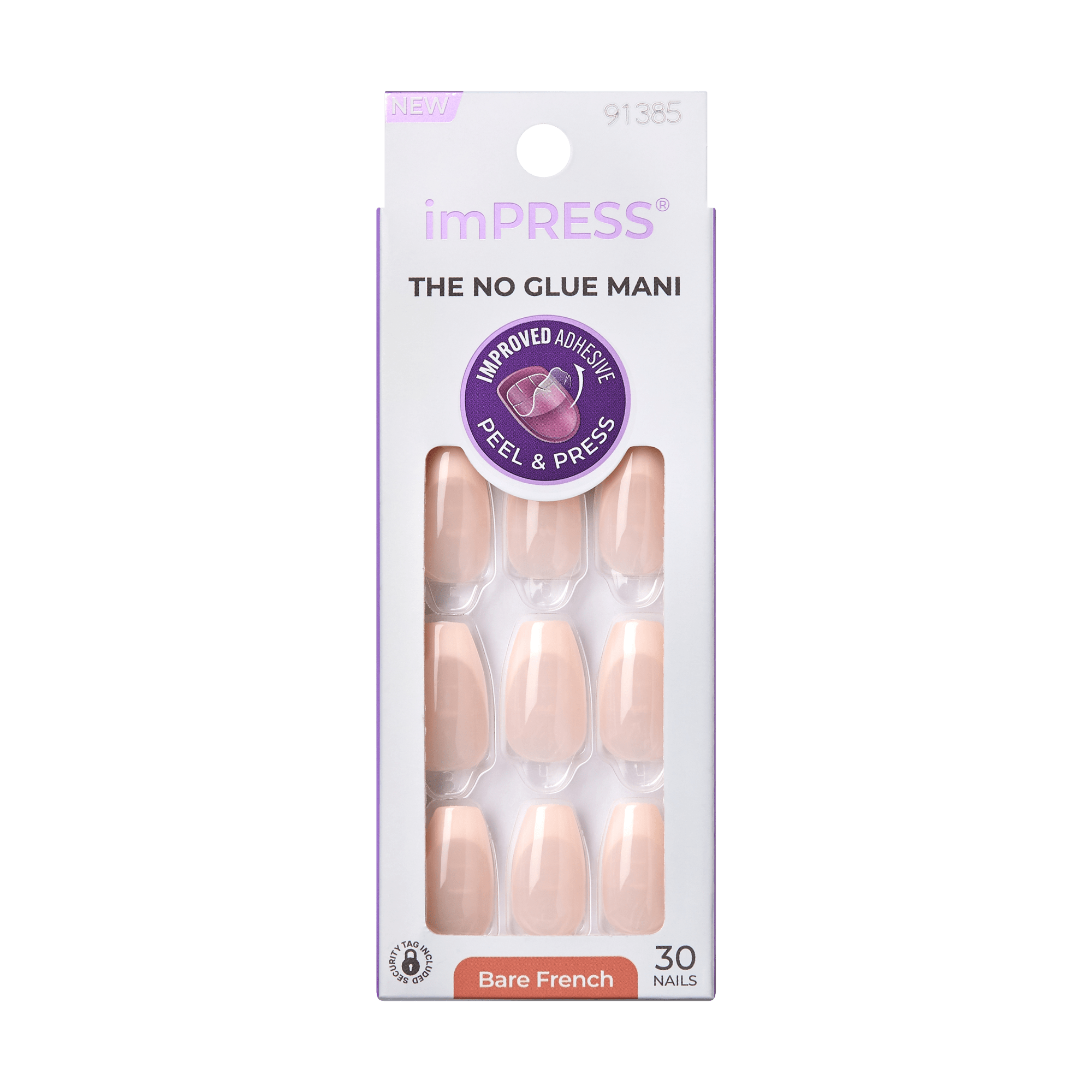 imPRESS Bare French press-on nails in nude shade, 30 nails included, no glue needed, improved adhesive with peel and press application, packaging in white with purple text.