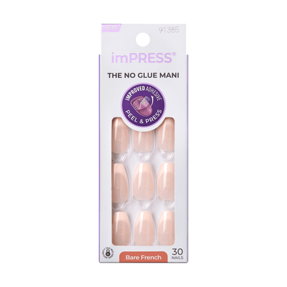 imPRESS Bare French press-on nails in nude shade, 30 nails included, no glue needed, improved adhesive with peel and press application, packaging in white with purple text.