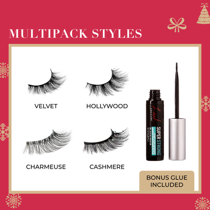 Four false eyelash styles (Velvet, Hollywood, Charmeuse, Cashmere) with bonus glue included.