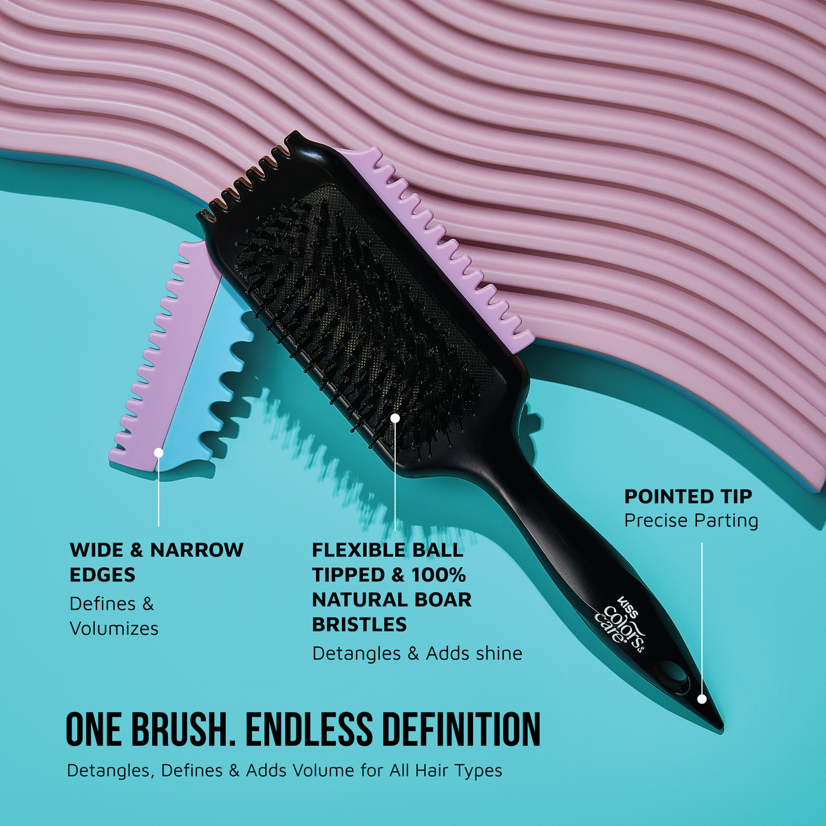 Black KISS Colors &amp; Care SwitchCurl™ Define Brush with purple wide and narrow edges on a blue surface, highlighting features for detangling, defining, and precise parting. Text: "One Brush.