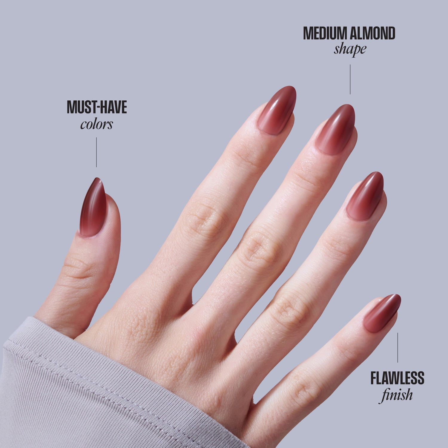 Medium almond nail shape in burgundy red with flawless finish