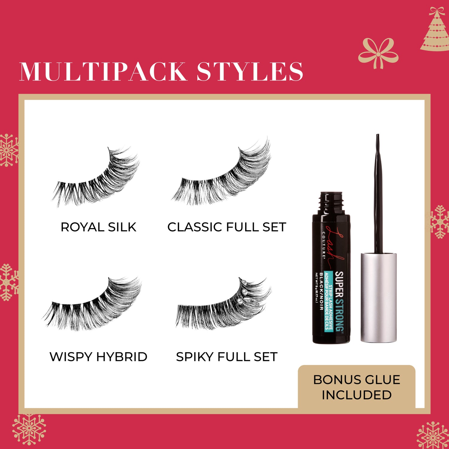 Four styles of false eyelashes labeled Royal Silk, Classic Full Set, Wispy Hybrid, and Spiky Full Set with small jewels on lashes. Next to them is an open tube of black adhesive with a silver cap.