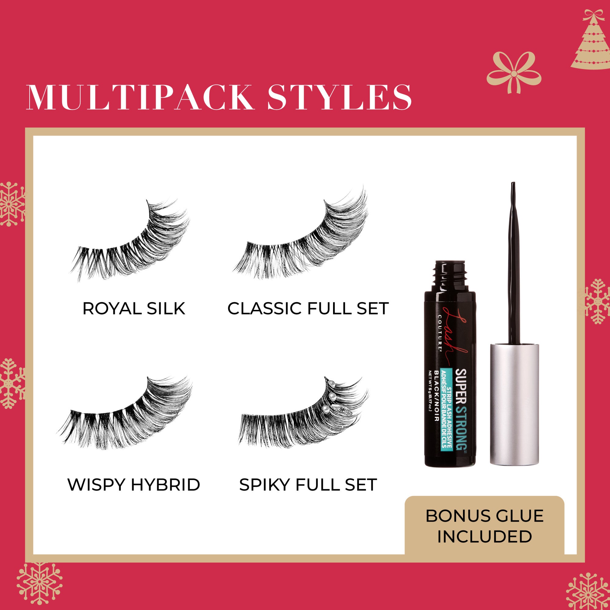 Four styles of false eyelashes labeled Royal Silk, Classic Full Set, Wispy Hybrid, and Spiky Full Set with small jewels on lashes. Next to them is an open tube of black adhesive with a silver cap.