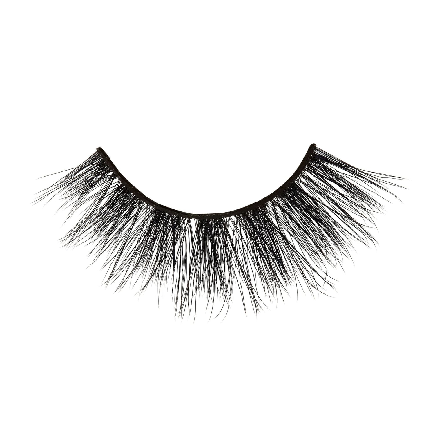 Black false eyelashes with full, feathered lashes on curved band.