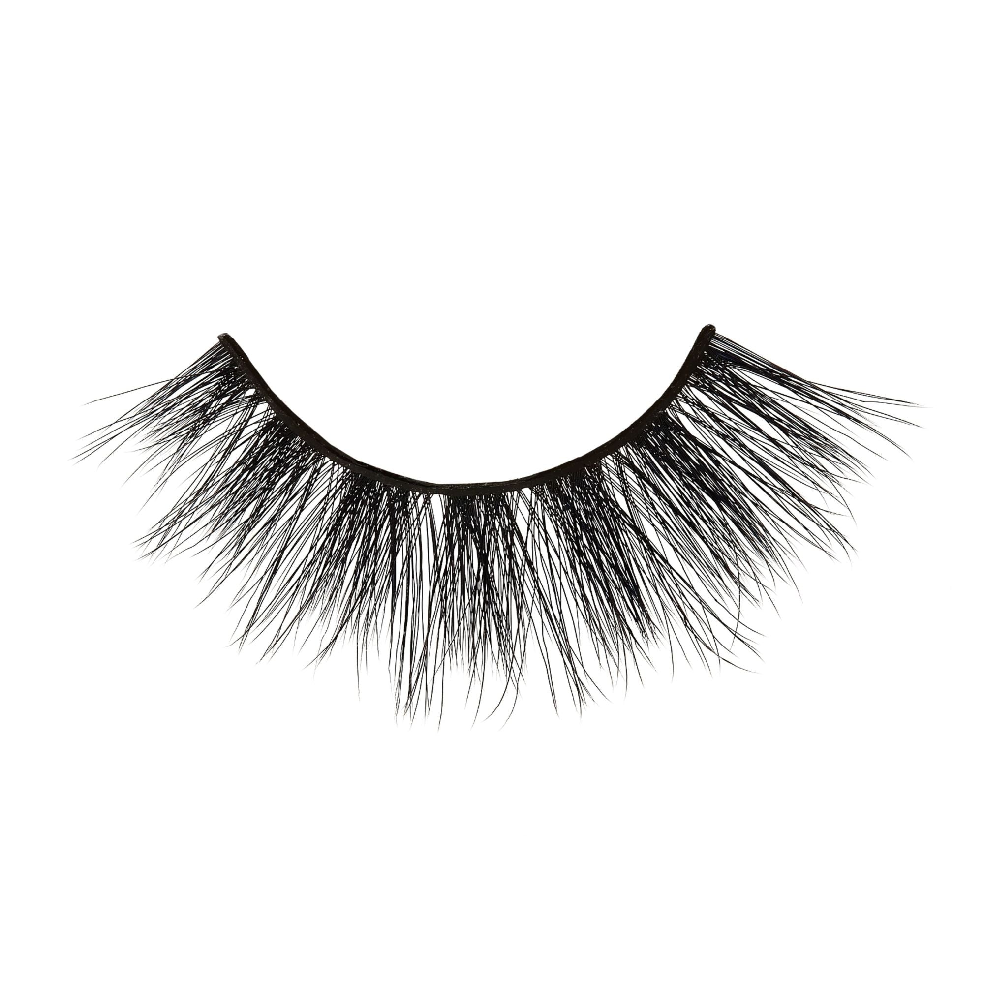 Black false eyelashes with full, feathered lashes on curved band.