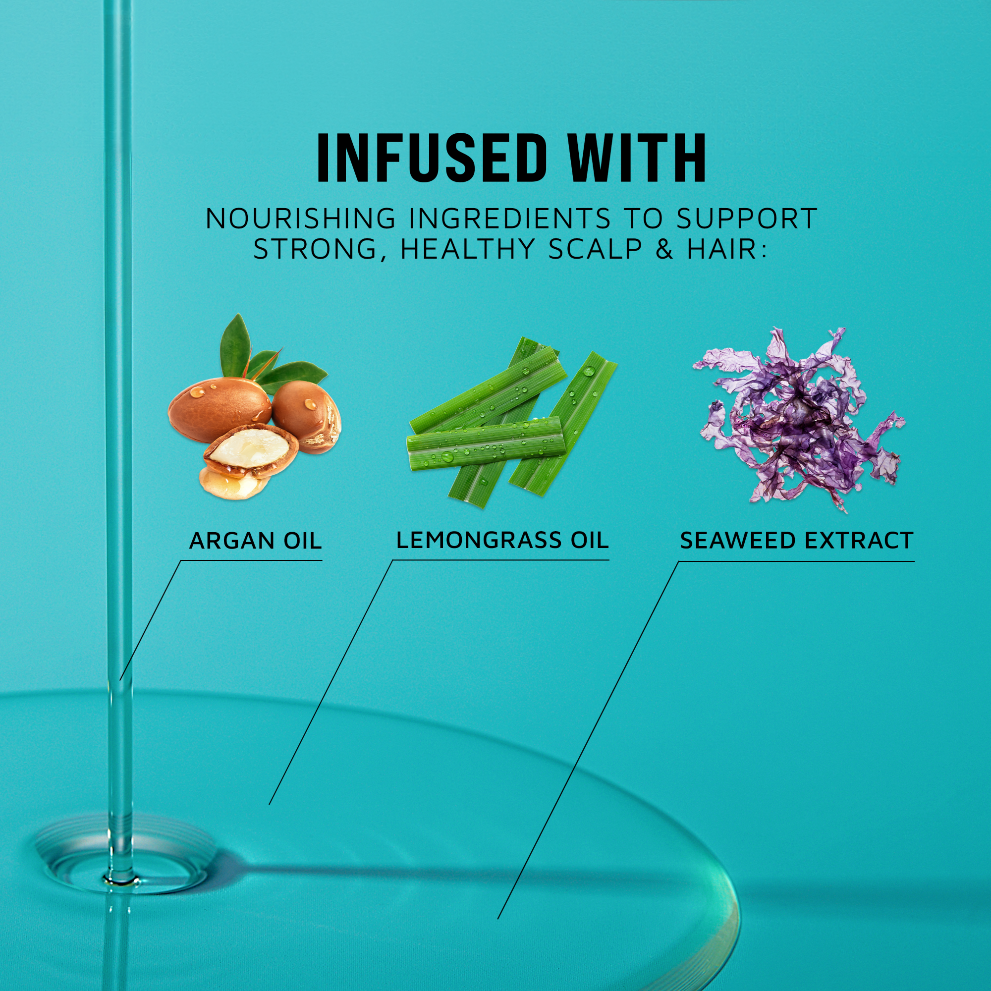 Product with ingredients labeled as argan oil, lemongrass oil, and seaweed extract on a teal background.