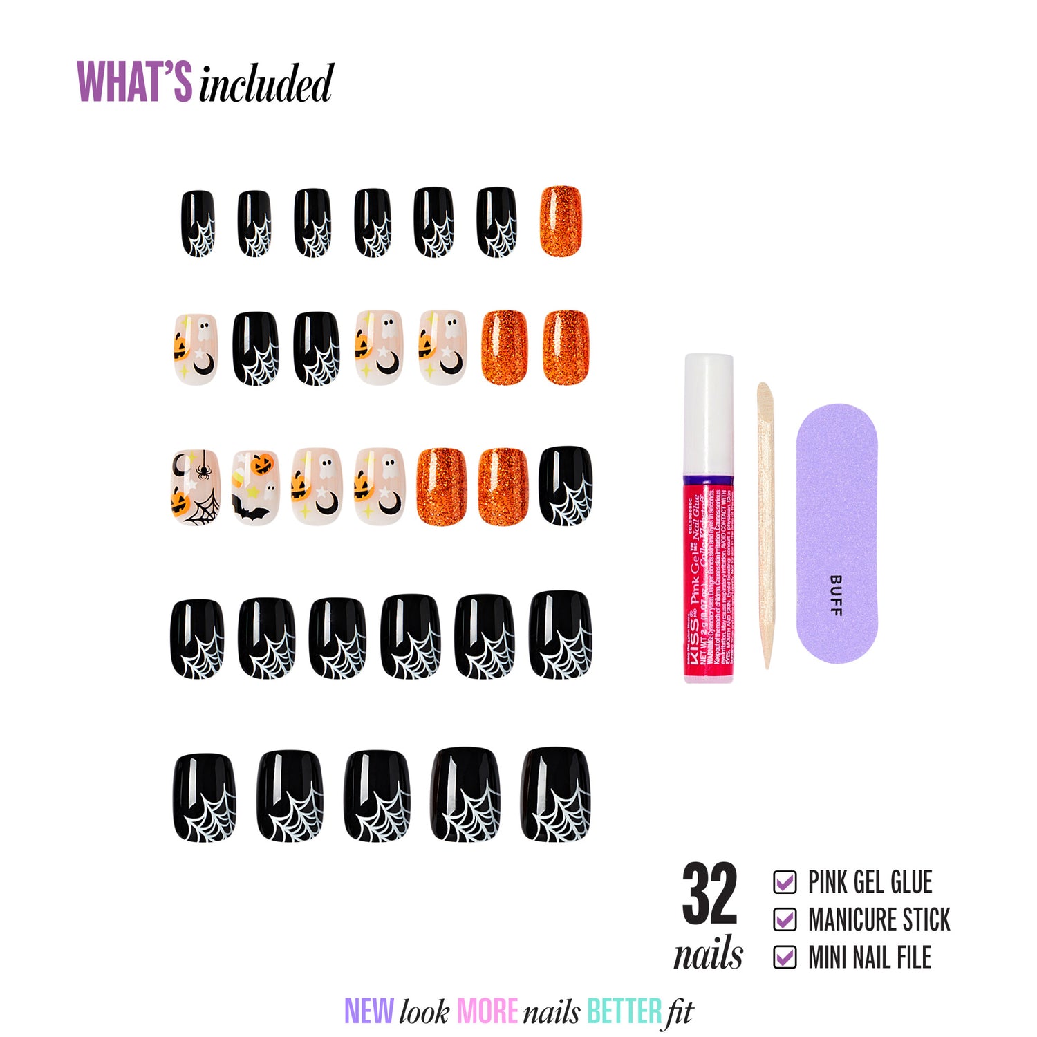 Kiss Haunt Halloween Press On Fake Glue Nails - Fangs for the Memories | Design, Orange &amp; Black, Short, Squoval, Glow In The Dark
