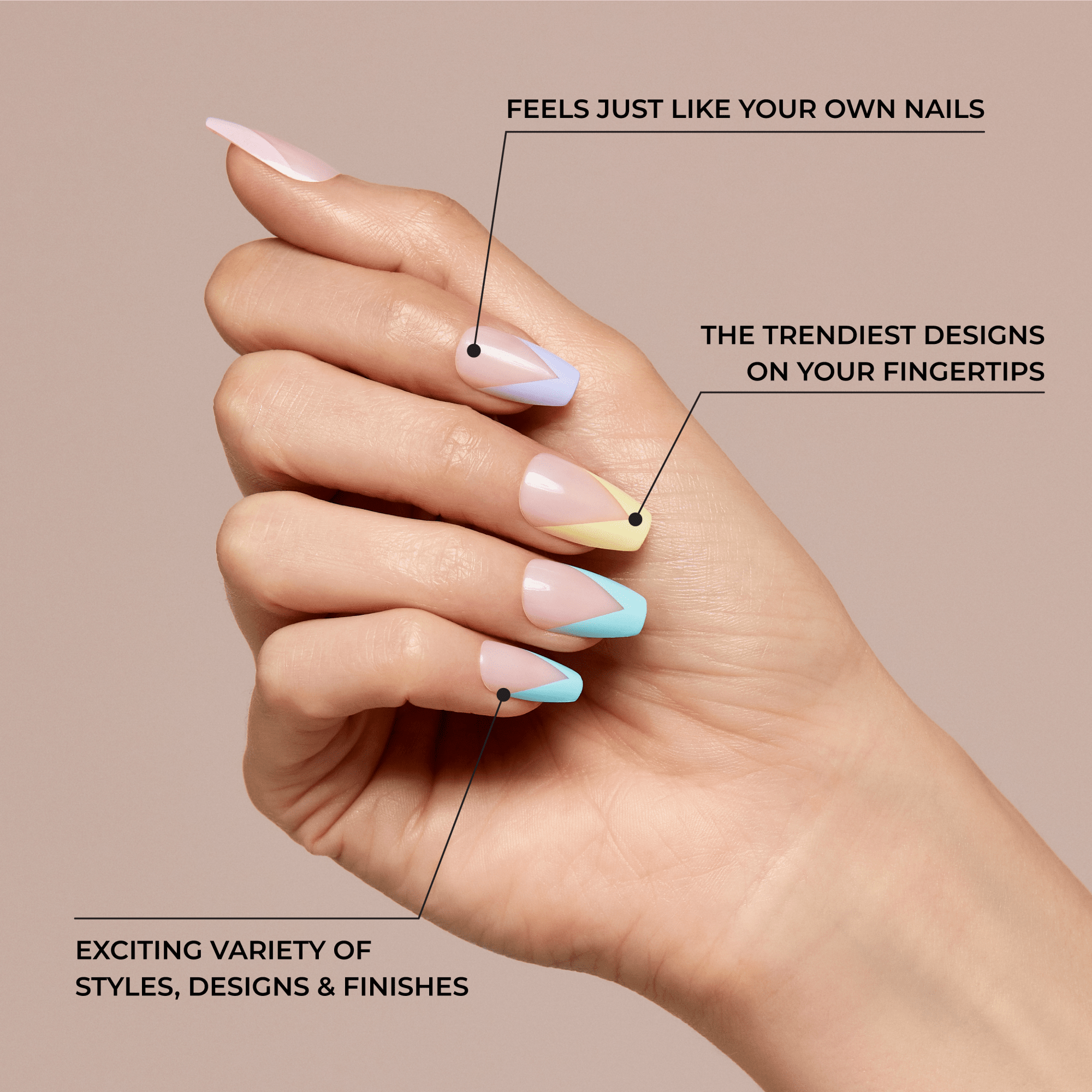 Hand with long, almond-shaped nails featuring pastel geometric tips in lavender, yellow, and turquoise. Text highlights: \