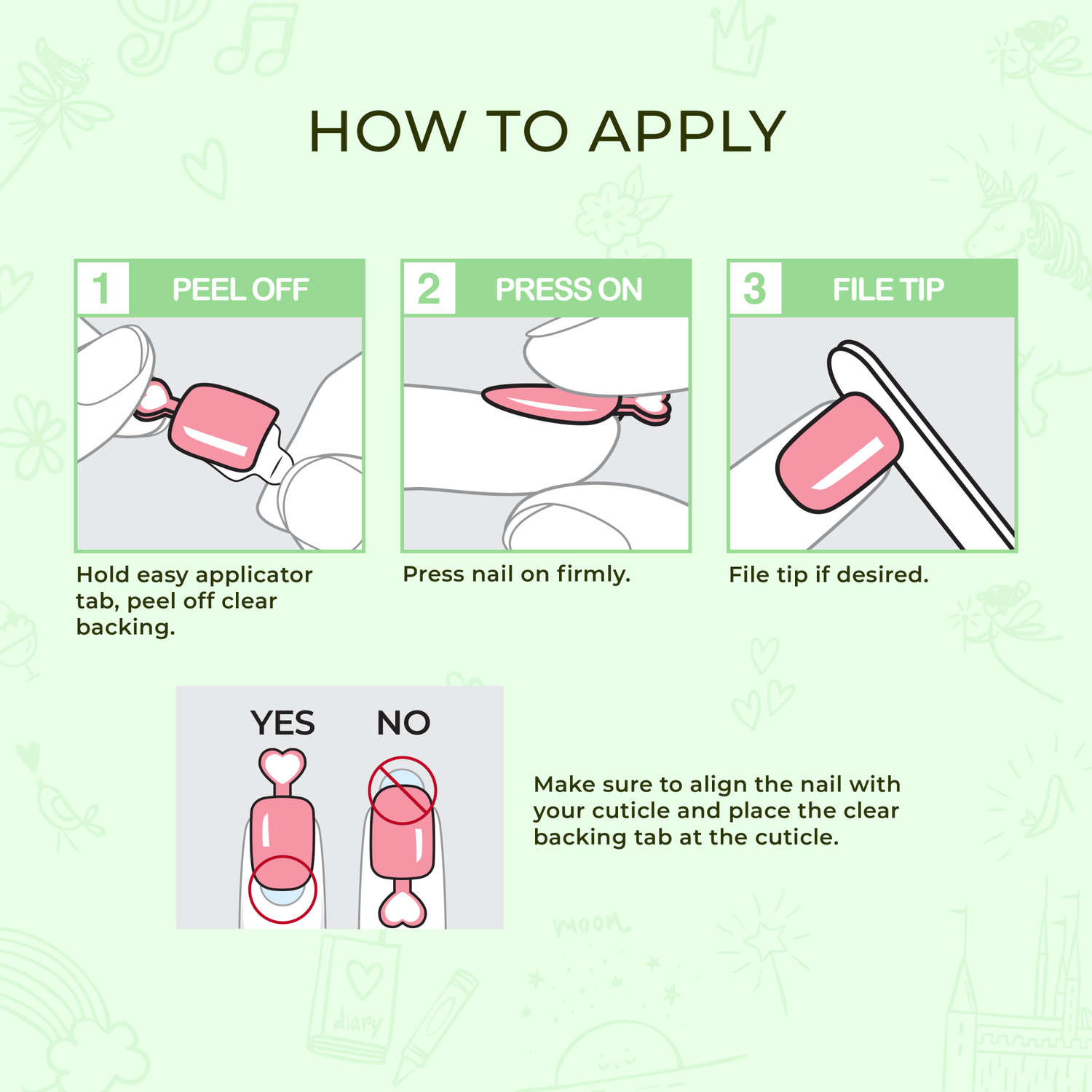 Step-by-step instructions for applying press-on nails with alignment guide.