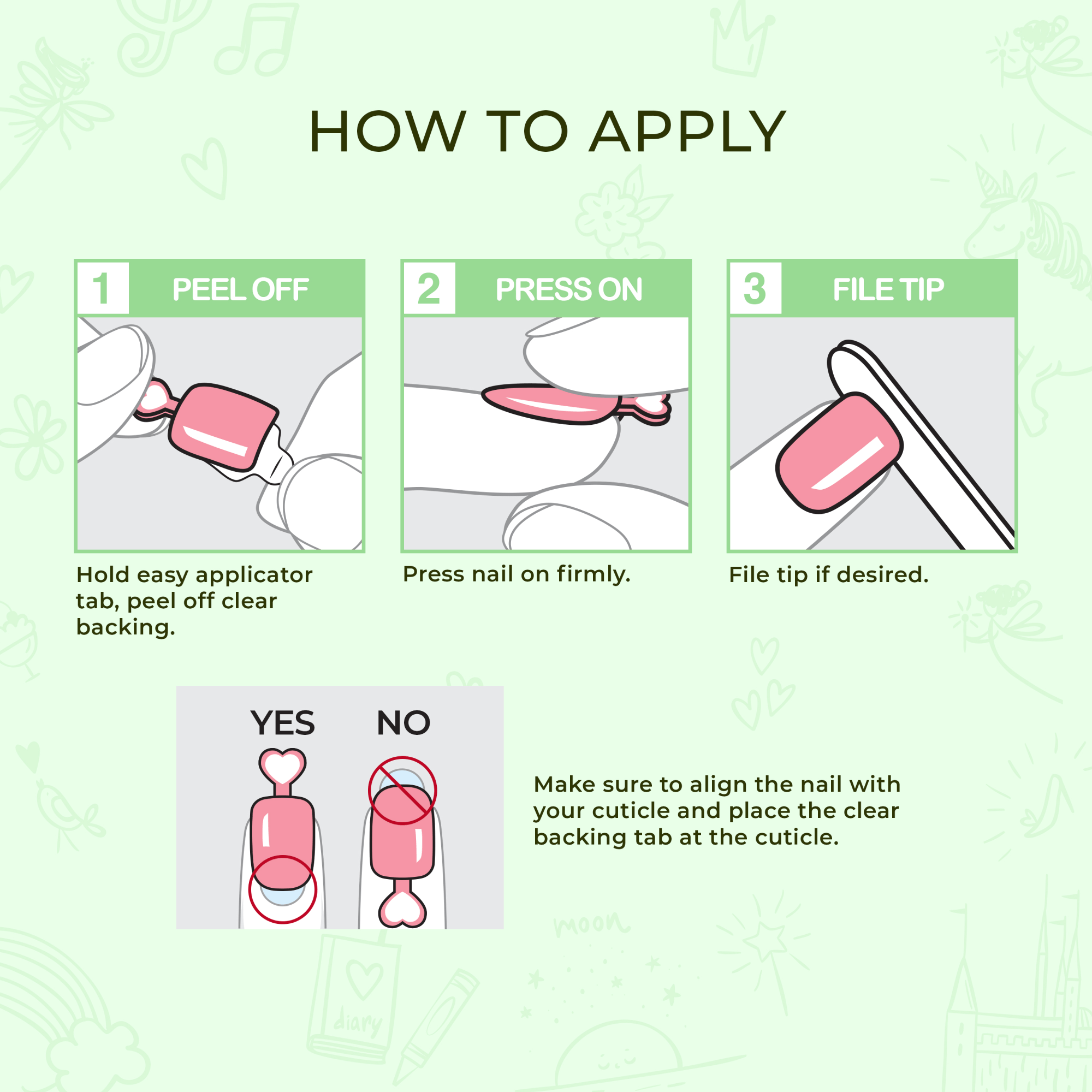 Step-by-step instructions for applying press-on nails with alignment guide.