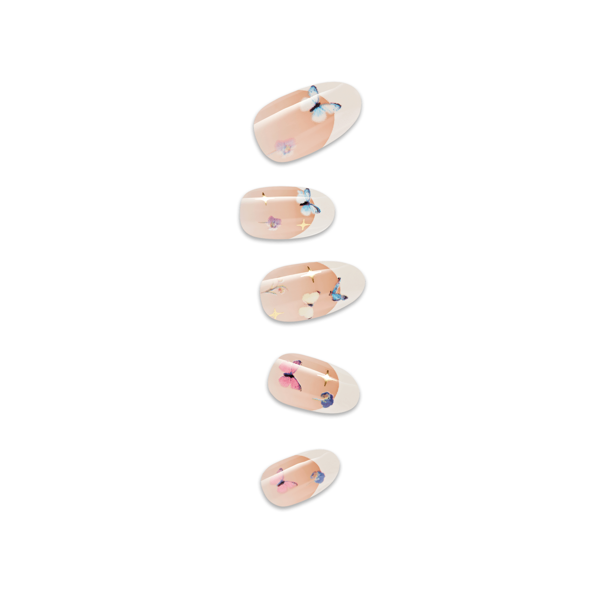 Set of five press-on nails with a soft nude base color featuring delicate butterfly and star designs in blue, pink, and gold accents.