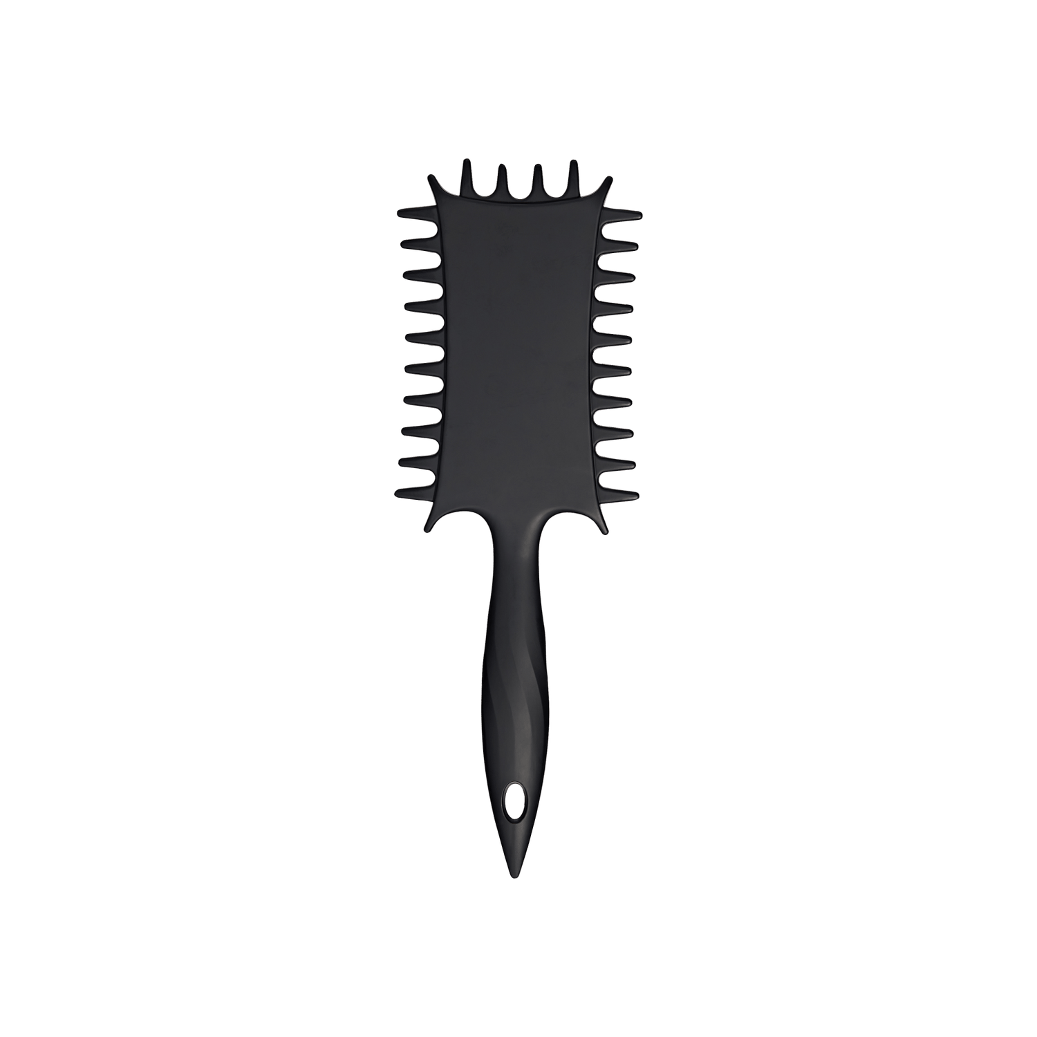 Black paddle hair brush with spiky bristles and ergonomic handle