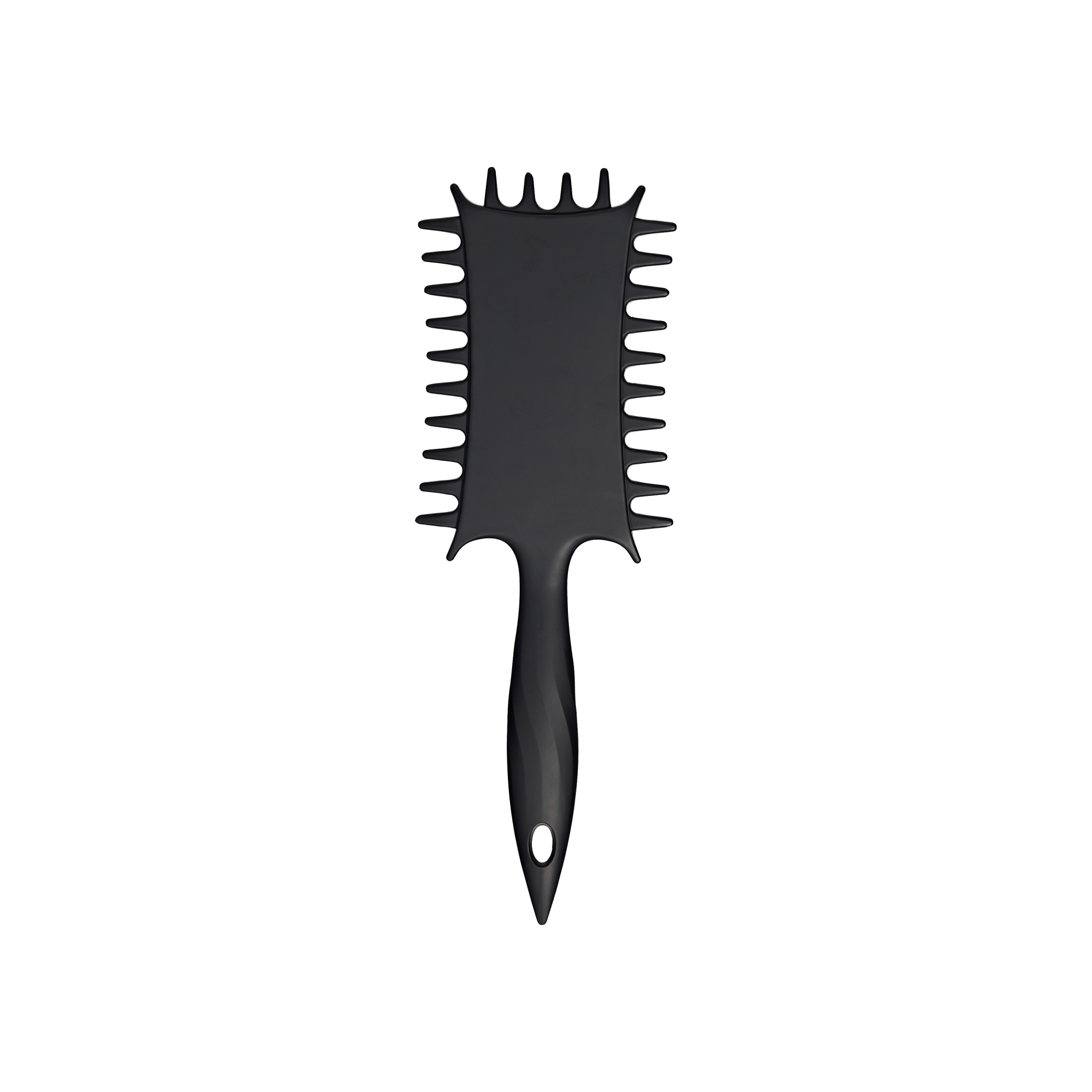 Black paddle hair brush with spiky bristles and ergonomic handle