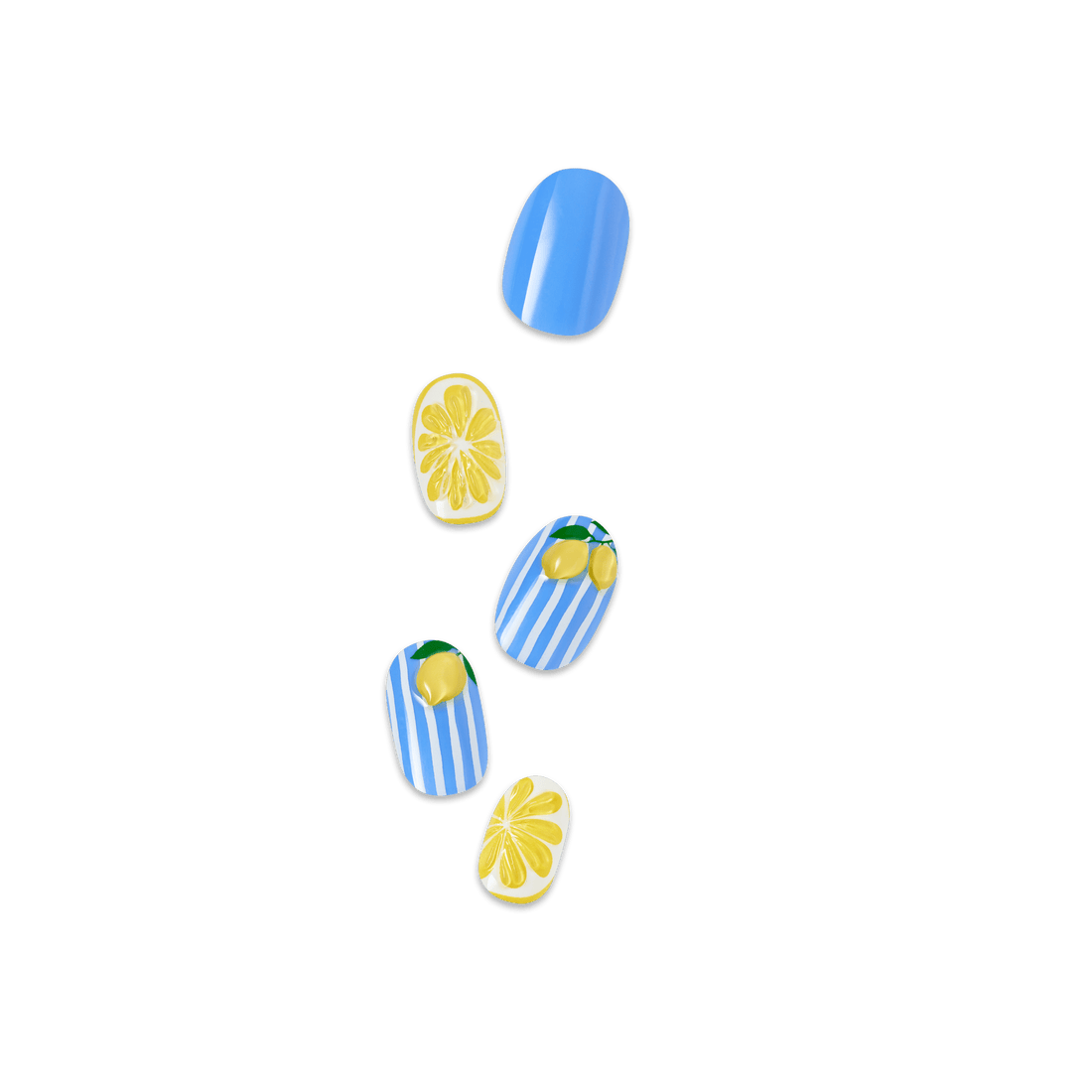 Five press on nails with nail art designs of lemons and blue and white stripes on a transparent background 