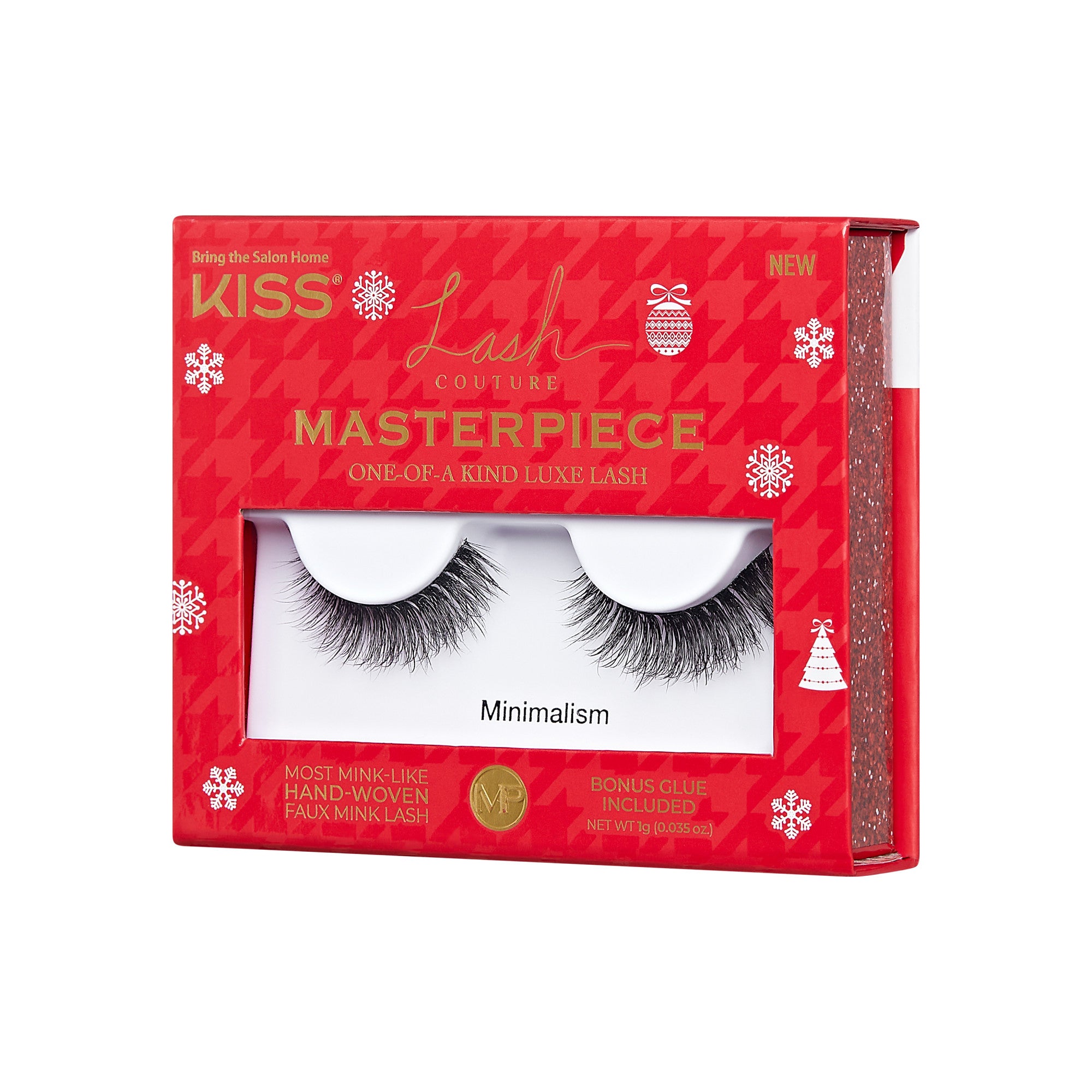 Red holiday-themed packaging with faux mink hand-woven false eyelashes labeled \