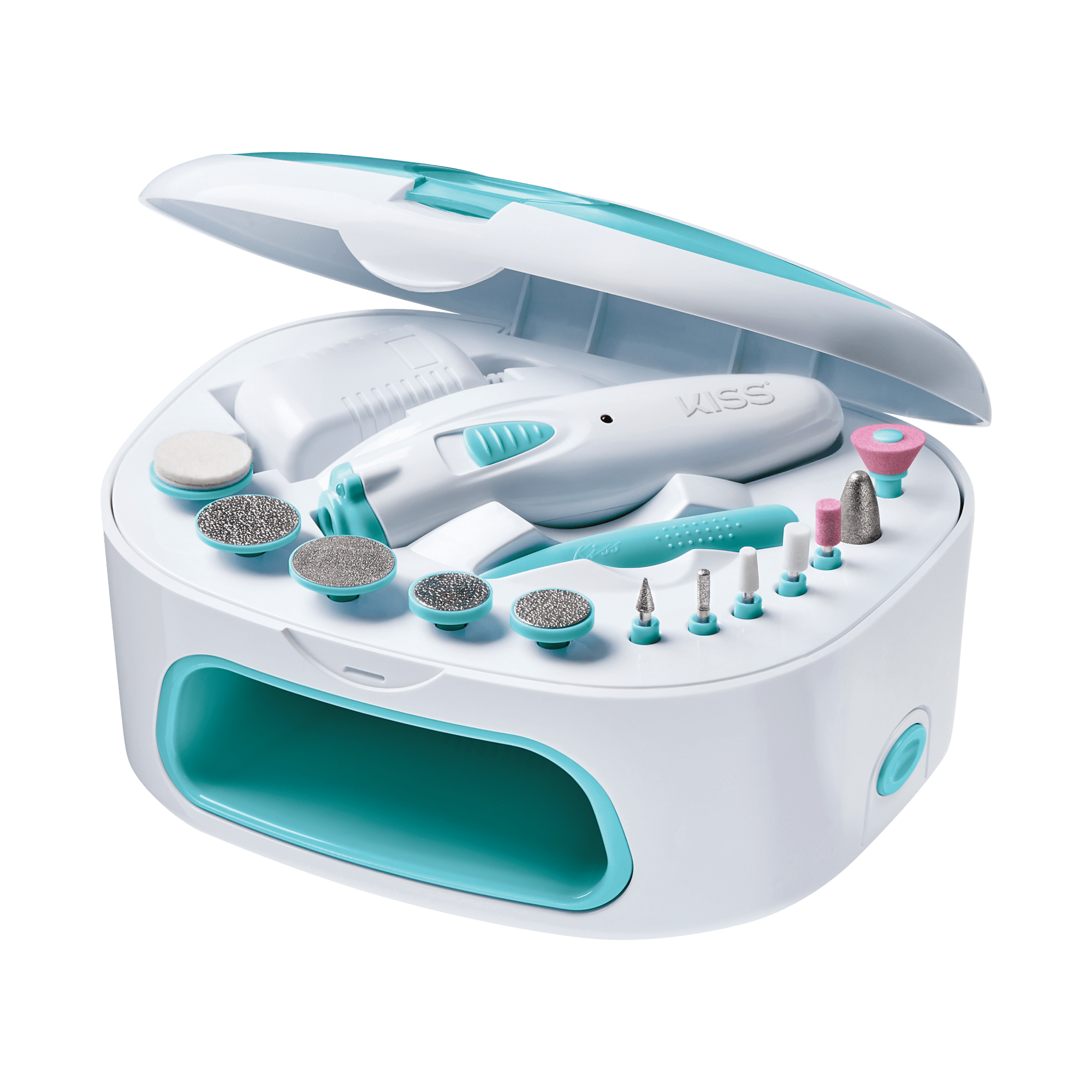 Compact white and teal KISS Power File X Nail Dryer kit with multiple nail file attachments, a handheld rotary tool, and a built-in nail dryer.