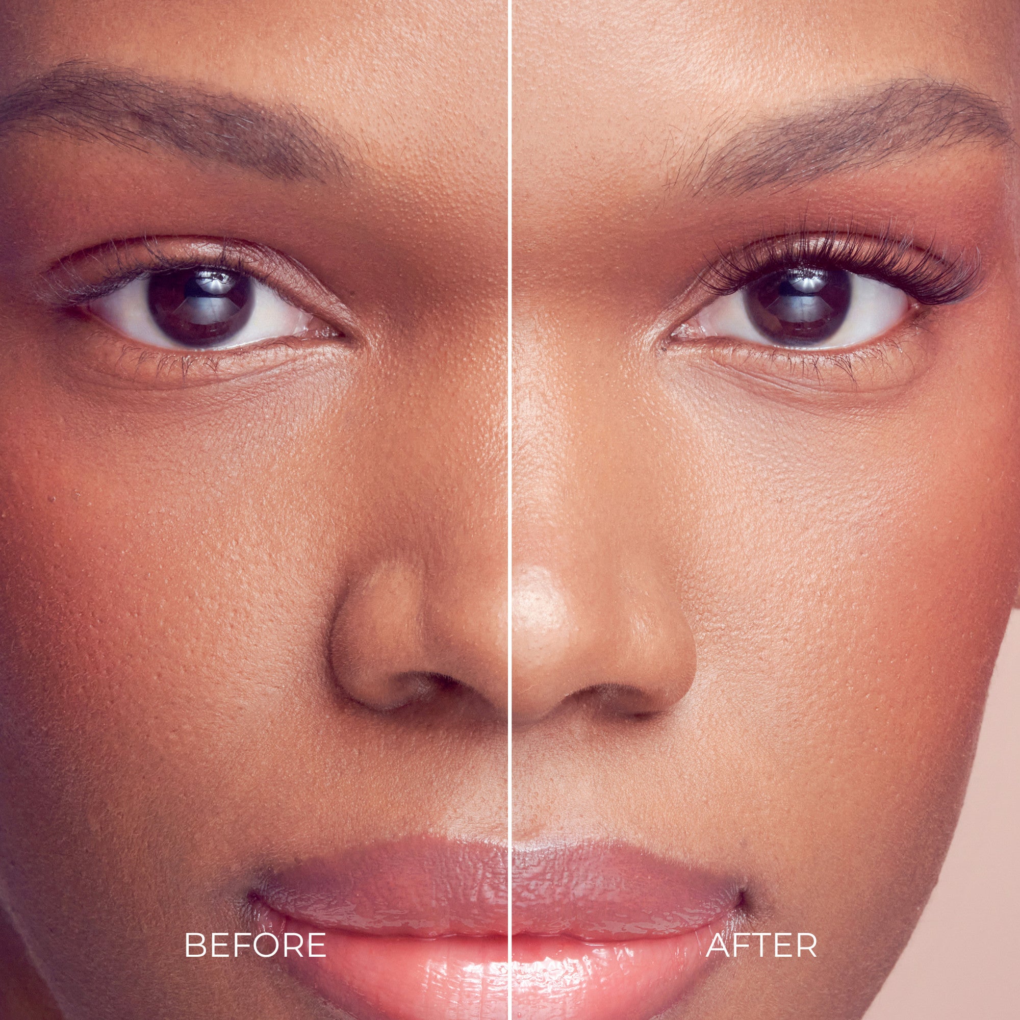 Close-up of a face split into two halves, showing one natural eye without extensions labeled \