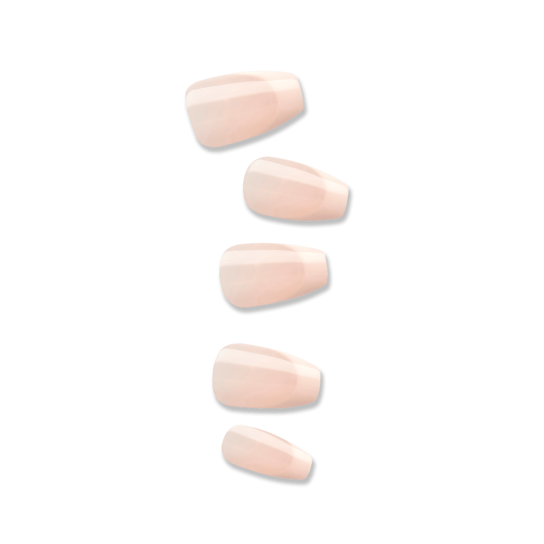 Five light pink press-on nails with a glossy finish, displayed in descending size order on a transparent background.