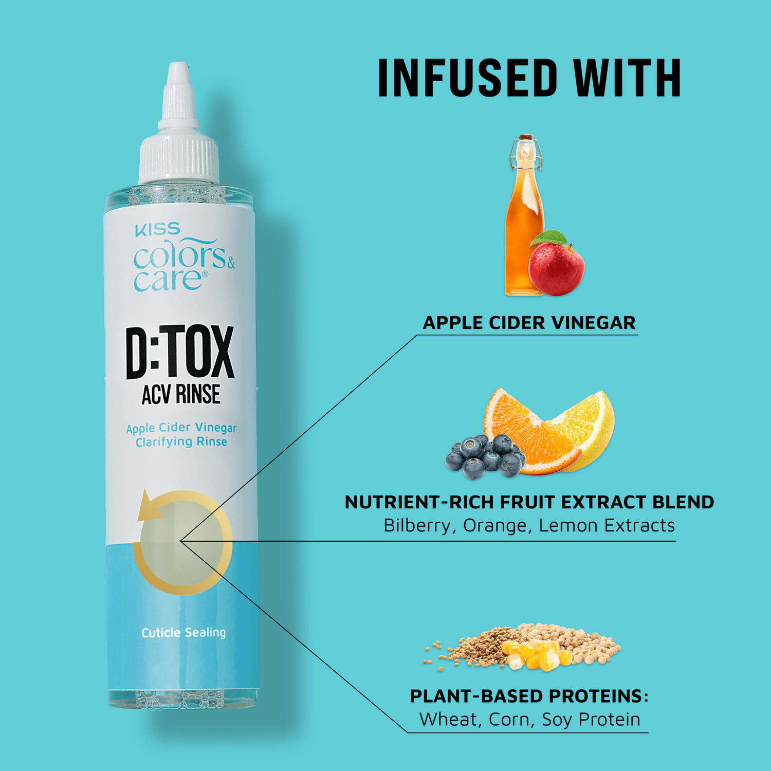 Kiss Colors Care D:TOX ACV Rinse bottle with ingredients listed on a blue background