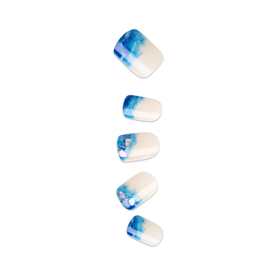 Set of five press-on nails with a blue and white ombre design, some featuring iridescent glitter accents on a clear background.