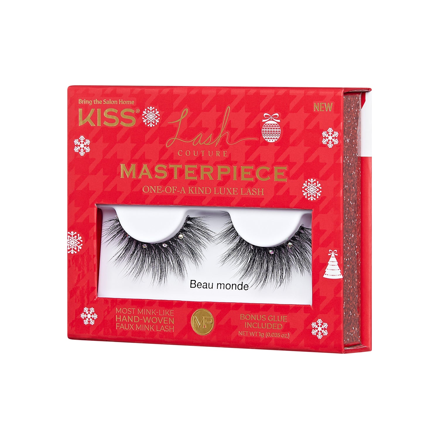 Red holiday-themed packaging of Kiss Lash Couture Masterpiece false eyelashes named \