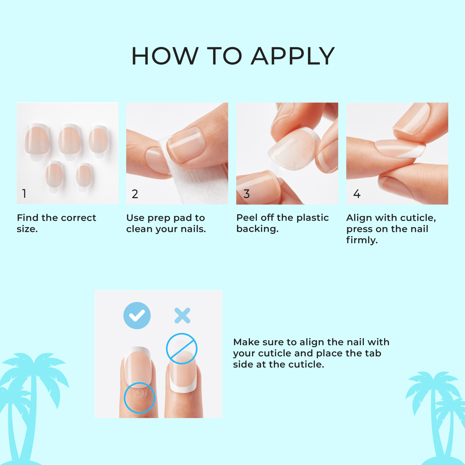 Step-by-step guide on how to apply press on nails with illustrations and text.