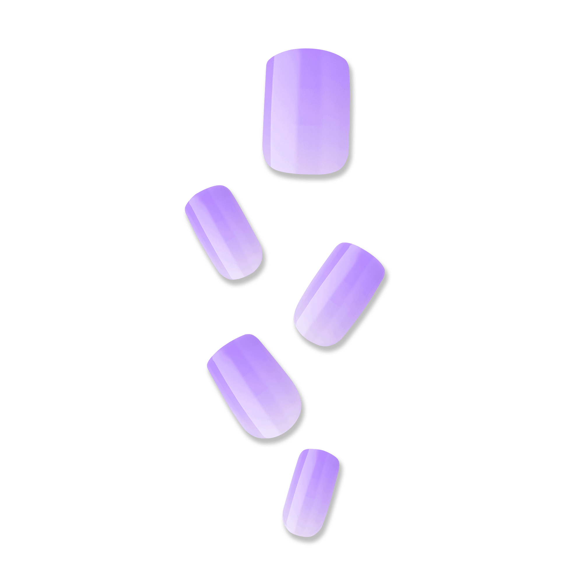Set of five glossy, press-on nails in varying sizes with a shiny gradient periwinkle purple color, shown on a transparent background.