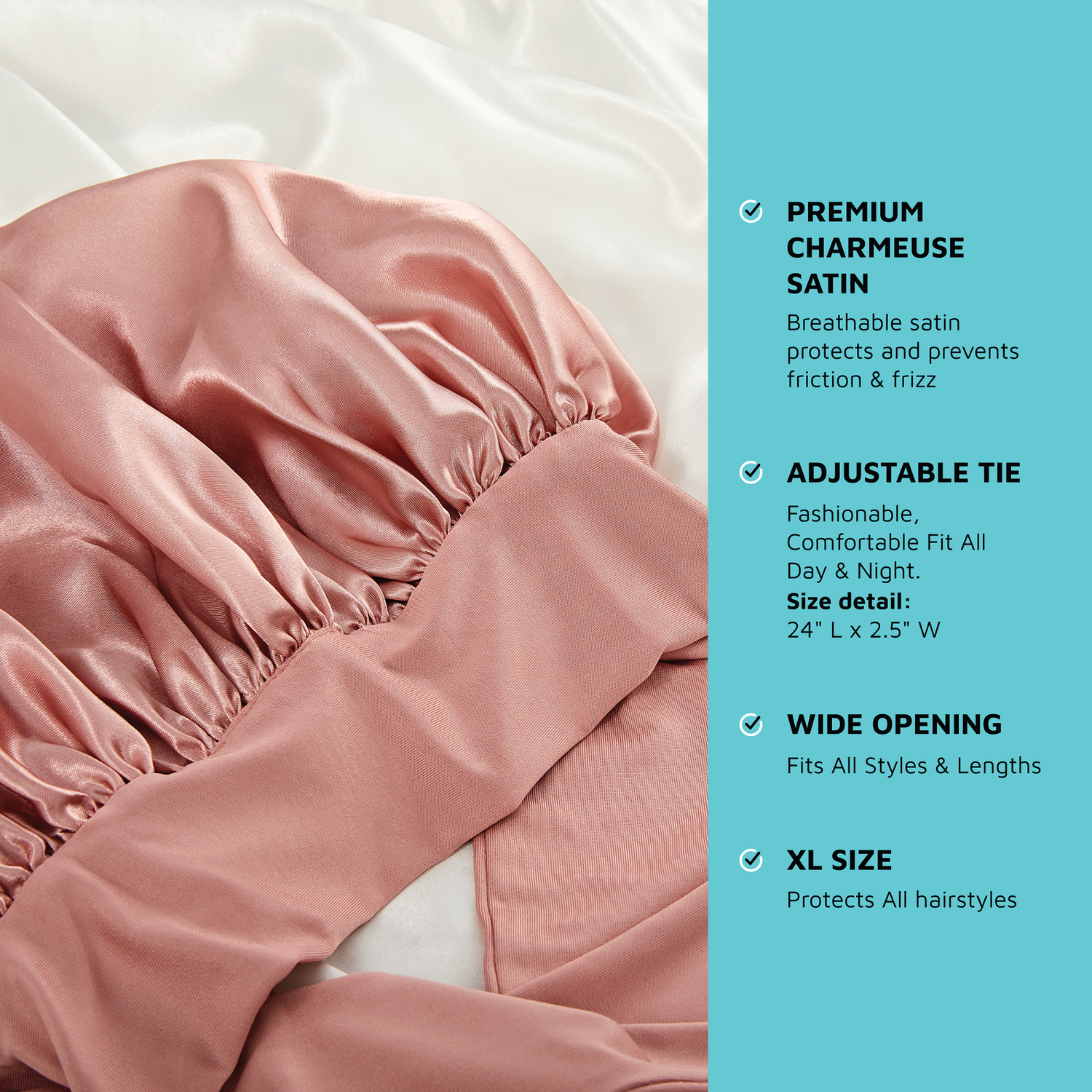 Pink satin bonnet with product features listed on a teal background