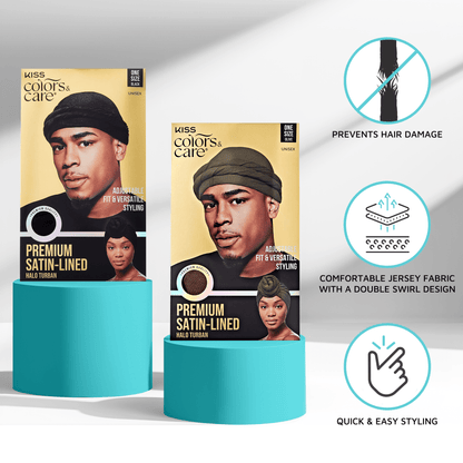 Satin-Lined Halo Turban Set Black w/ 2 Wave CapsPremium - Image 9