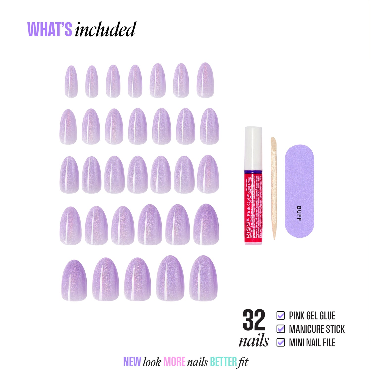 32 purple glitter press-on nails with gel glue, manicure stick, and nail file included.