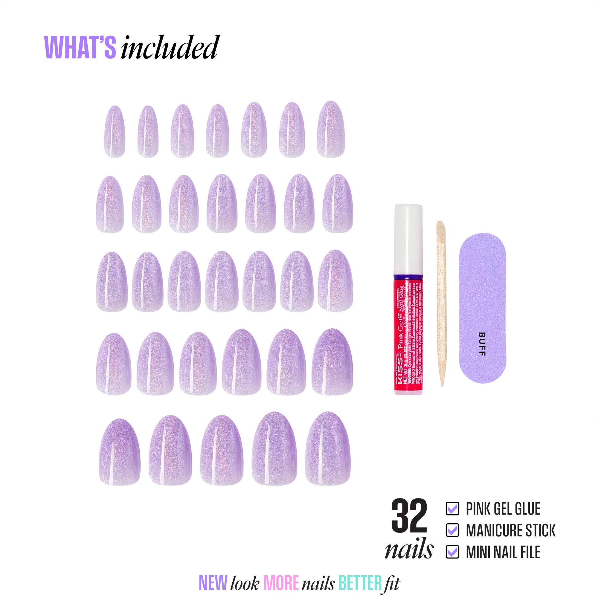 32 purple glitter press-on nails with gel glue, manicure stick, and nail file included.