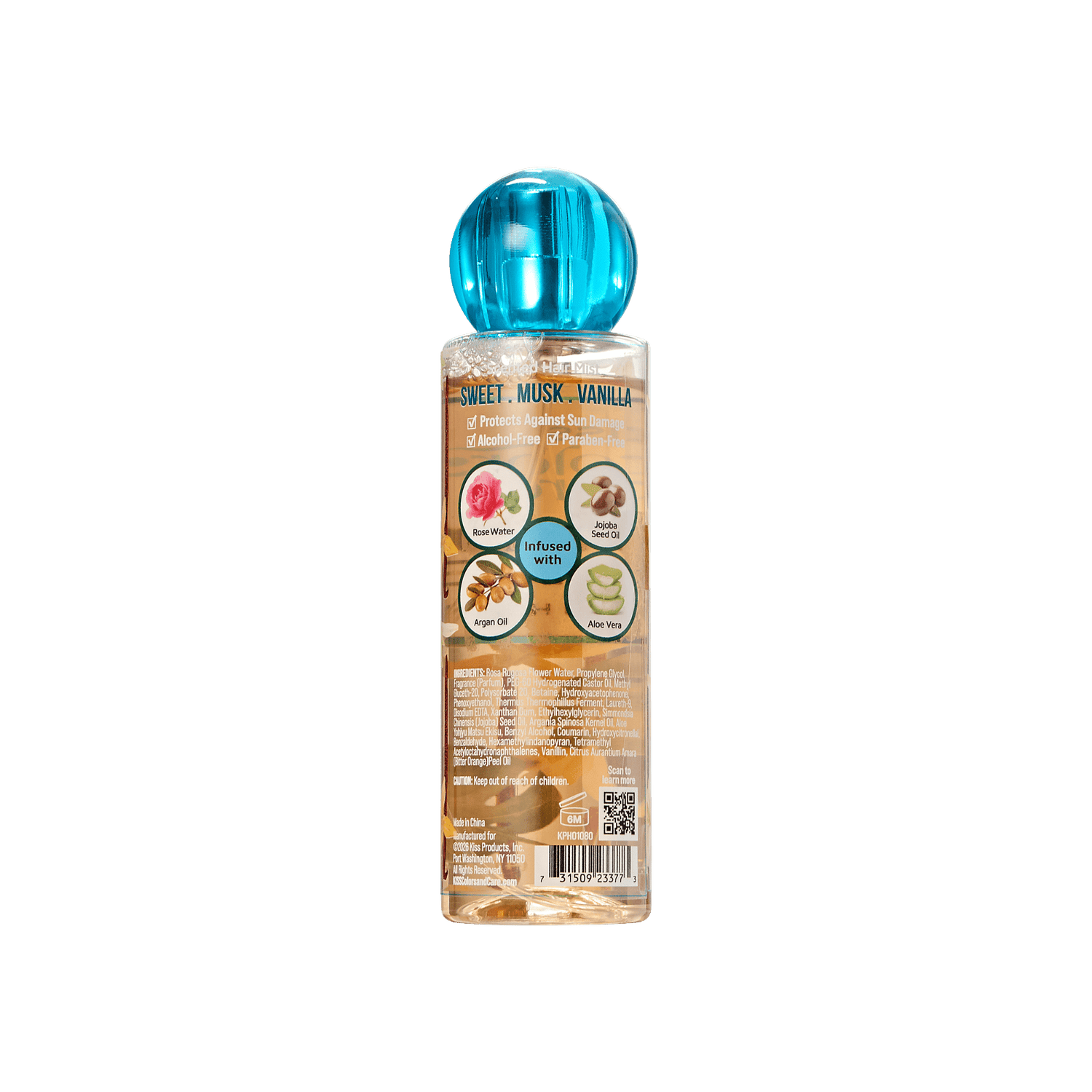 Clear 4 oz spray bottle with blue round cap shows KISS Colors &amp; Care Hair Veil Mist in Sugarcloud Mirage scent.