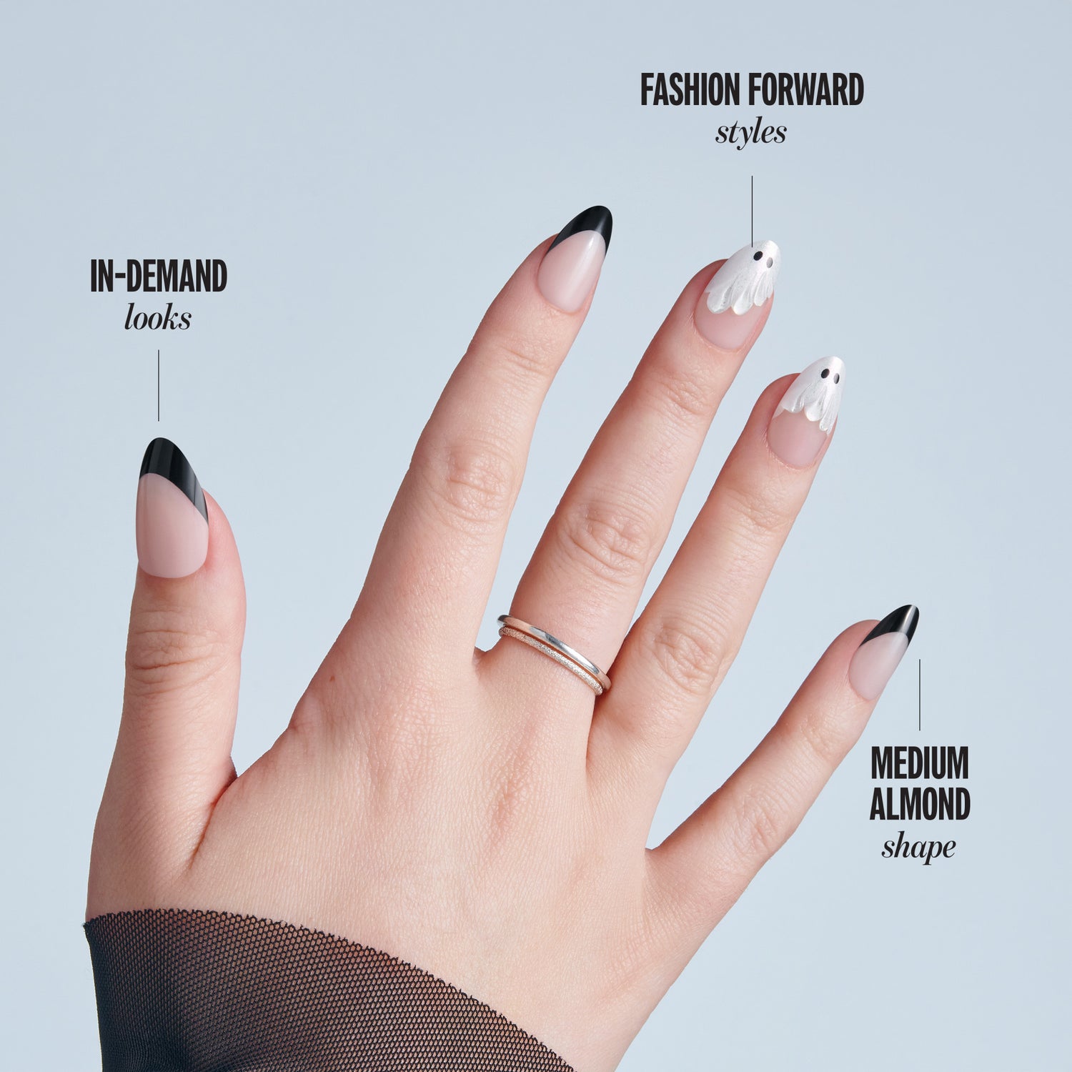Kiss Haunt Halloween Press On Fake Glue Nails - Midnight Makeover | French Design, Black &amp; White, Medium, Almond, Glow In The Dark