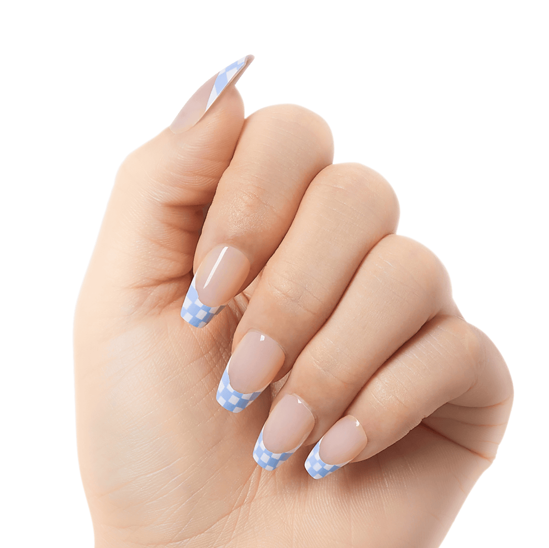 Close-up of a hand modeling medium, coffin shaped nails in French nail design with blue and white checker print. Nails are &