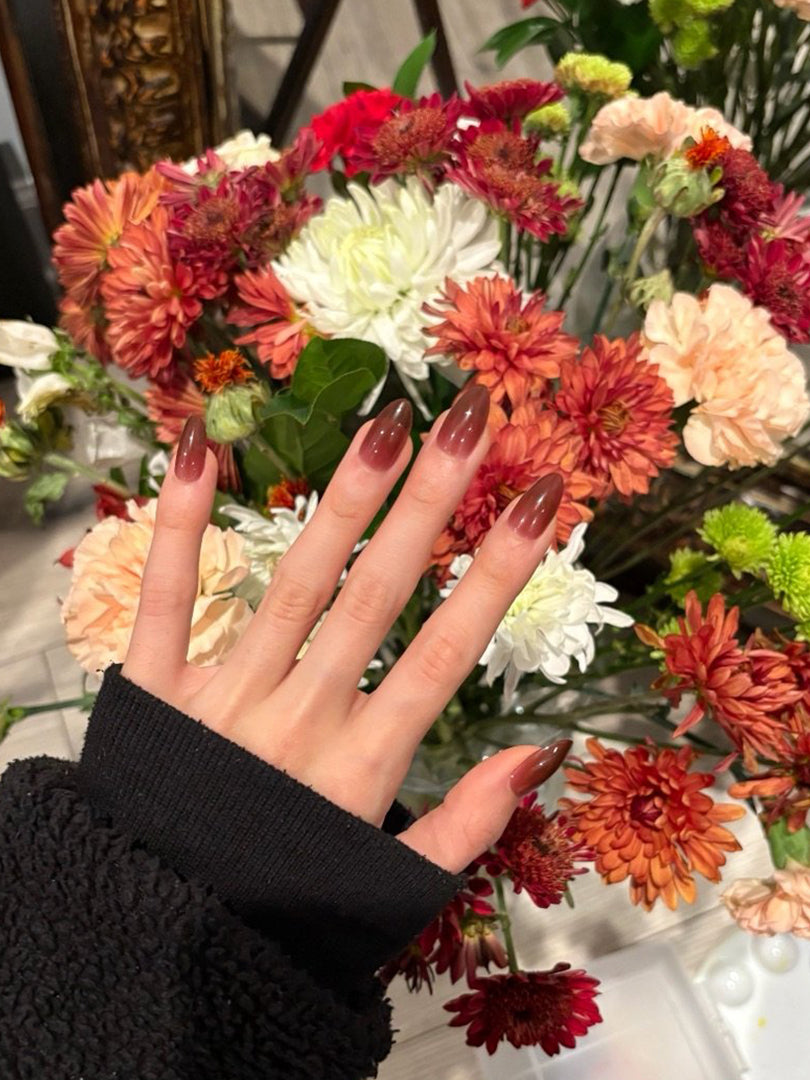 Hand displaying burgundy ombre nail polish against colorful gerbera daisies.