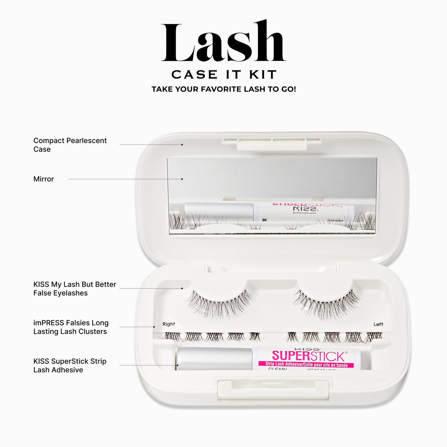 Lash case kit with false eyelashes and adhesive on a white background