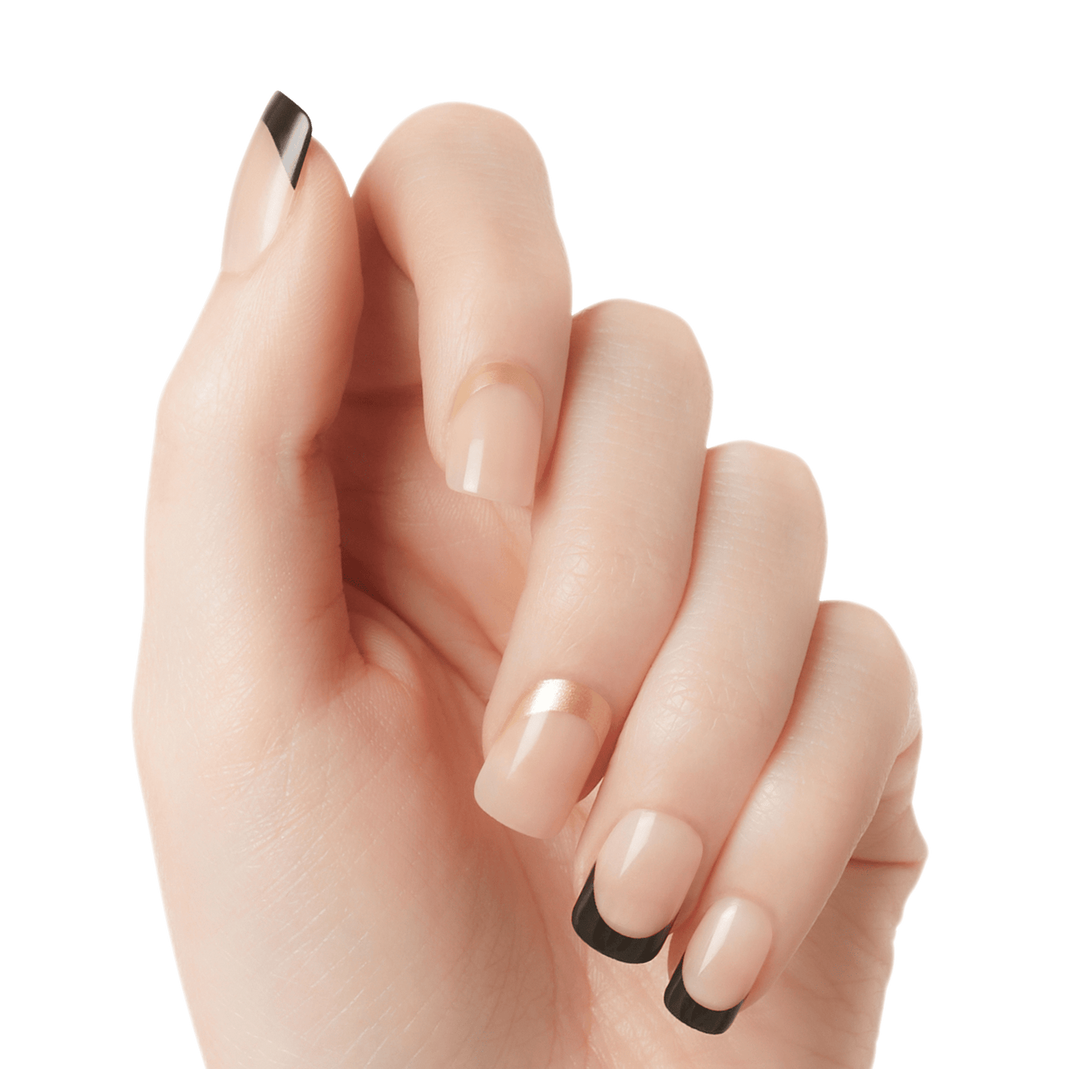 Hand showing five natural-colored nails with a metallic design: black diagonal tip on the thumb, metallic gold half-moon near the tip on the middle finger, and black tips on the index, ring, and pinky fingers.