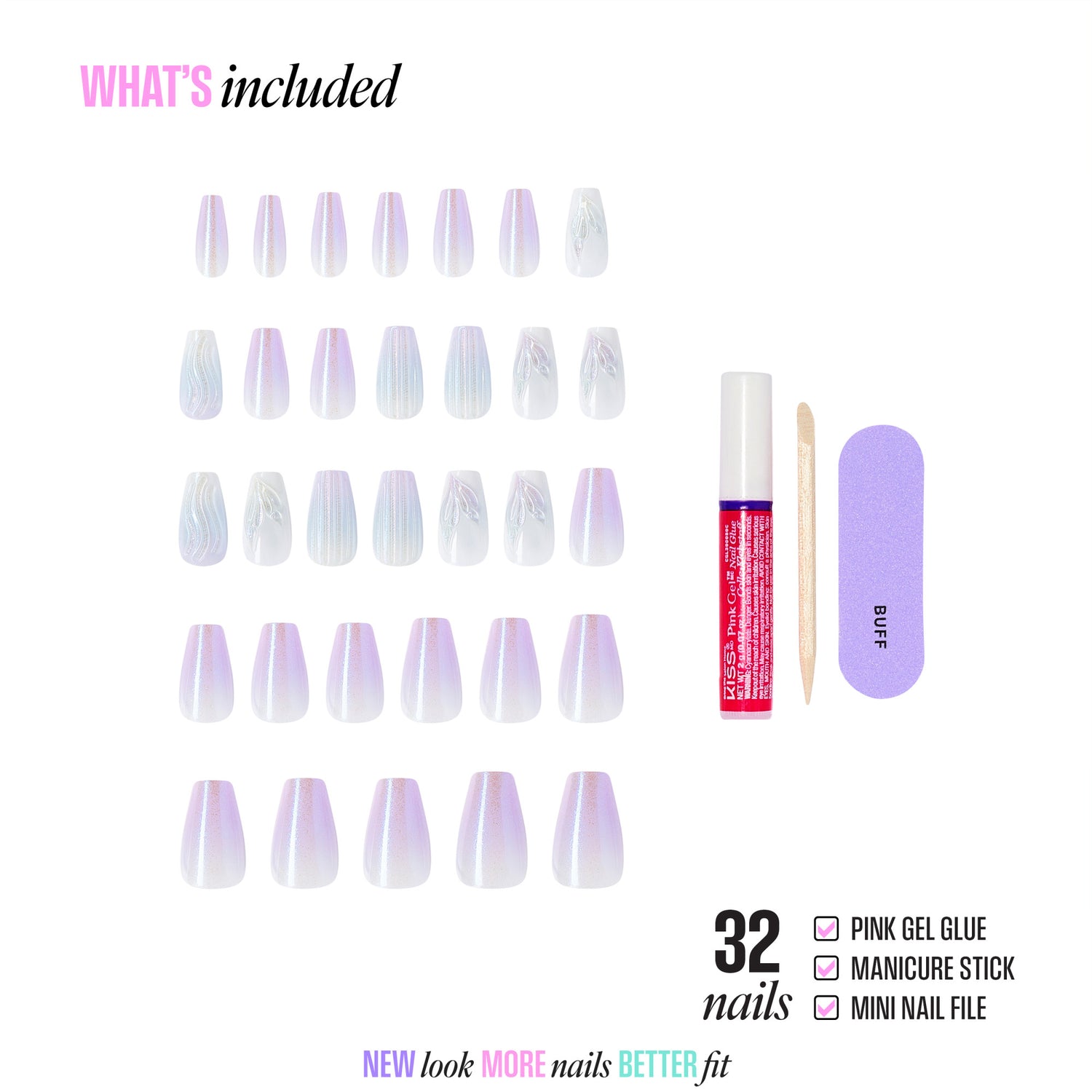 Set of false nails with gel glue, manicure stick, and nail file on a white background